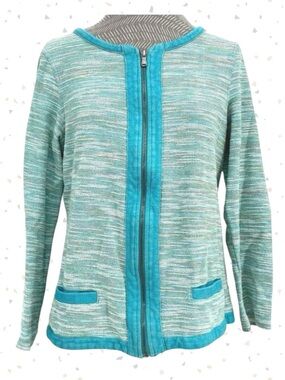 Coldwater Creek Bright Blue Aqua Multi Space Dye Zip Cardigan Sweater Jacket M